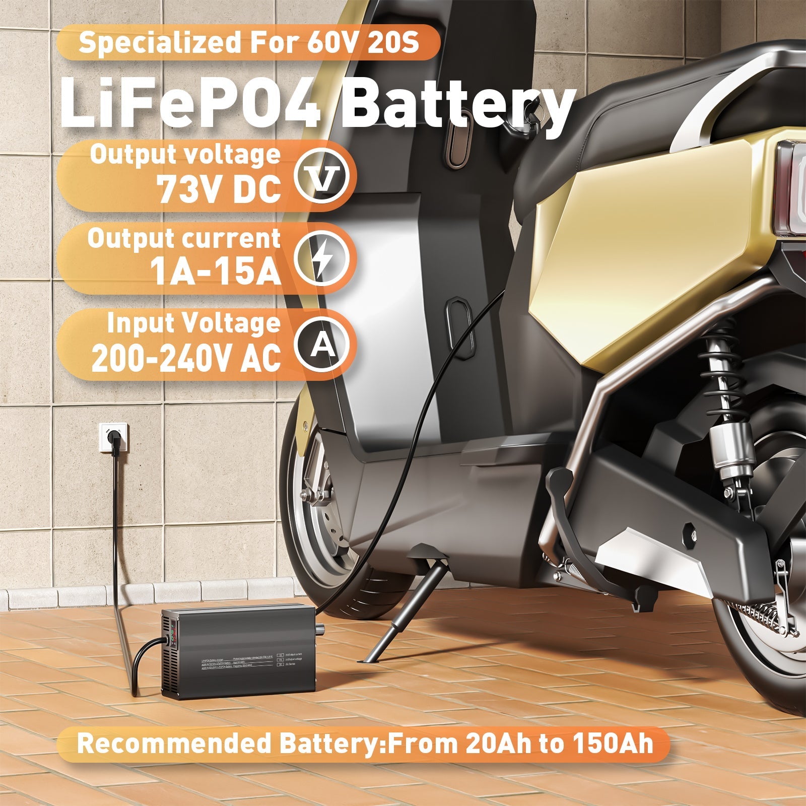 Suraziki 73V 1-15A Adjustable Current Lithium LiFePO4 Battery Charger for 20S 64V (60V) LiFePO4 Battery, Cooling Fan, Aluminum Alloy Case, LCD Display