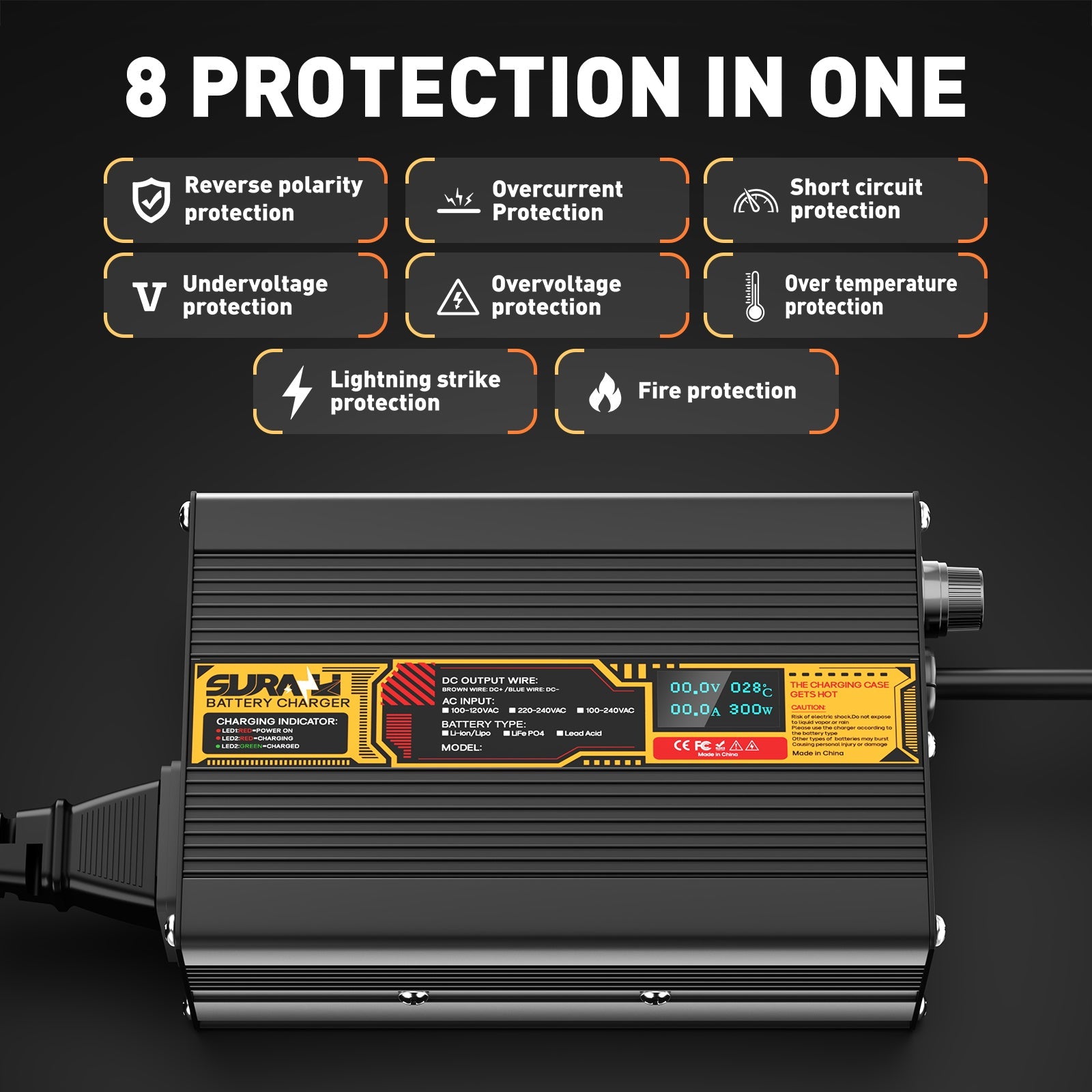 Suraziki Lead Acid Battery 24V 10A Battery Charger for 24V Lead Acid AGM GEL Deep Cycle and Auto Starting Batteries, LED Display, Full Protection，Aluminum alloy shell
