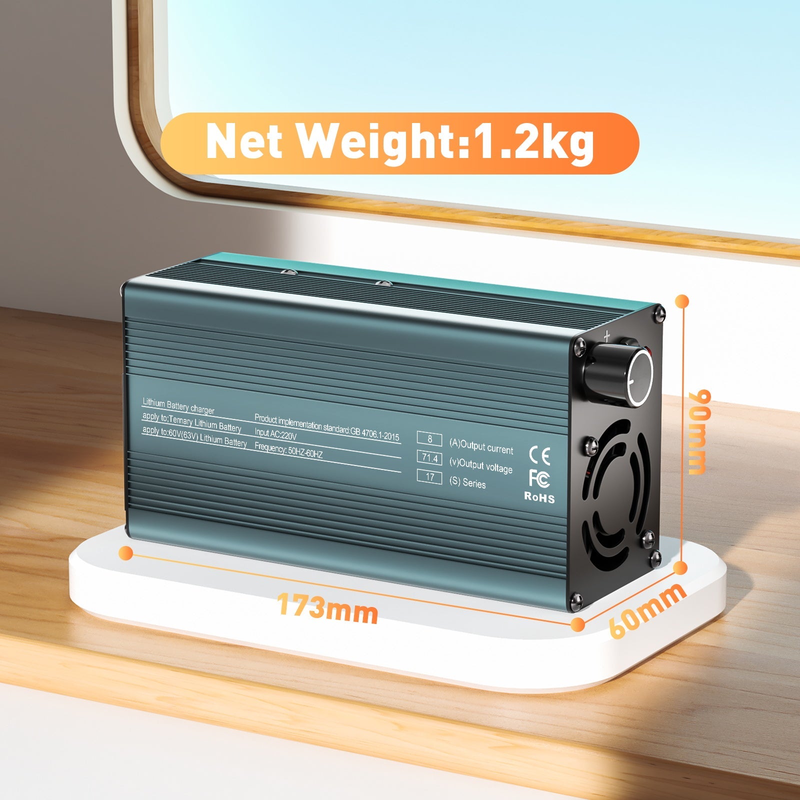 Suraziki 71,4 V 1-8 A stromverstellbares Lithium-Batterieladegerät für 17S 62,9 V Li-Ionen-/ternäre Lithium-/Polymer-Batterie, Ebike-Roller-Elektromotorrad-Batterieladegerät