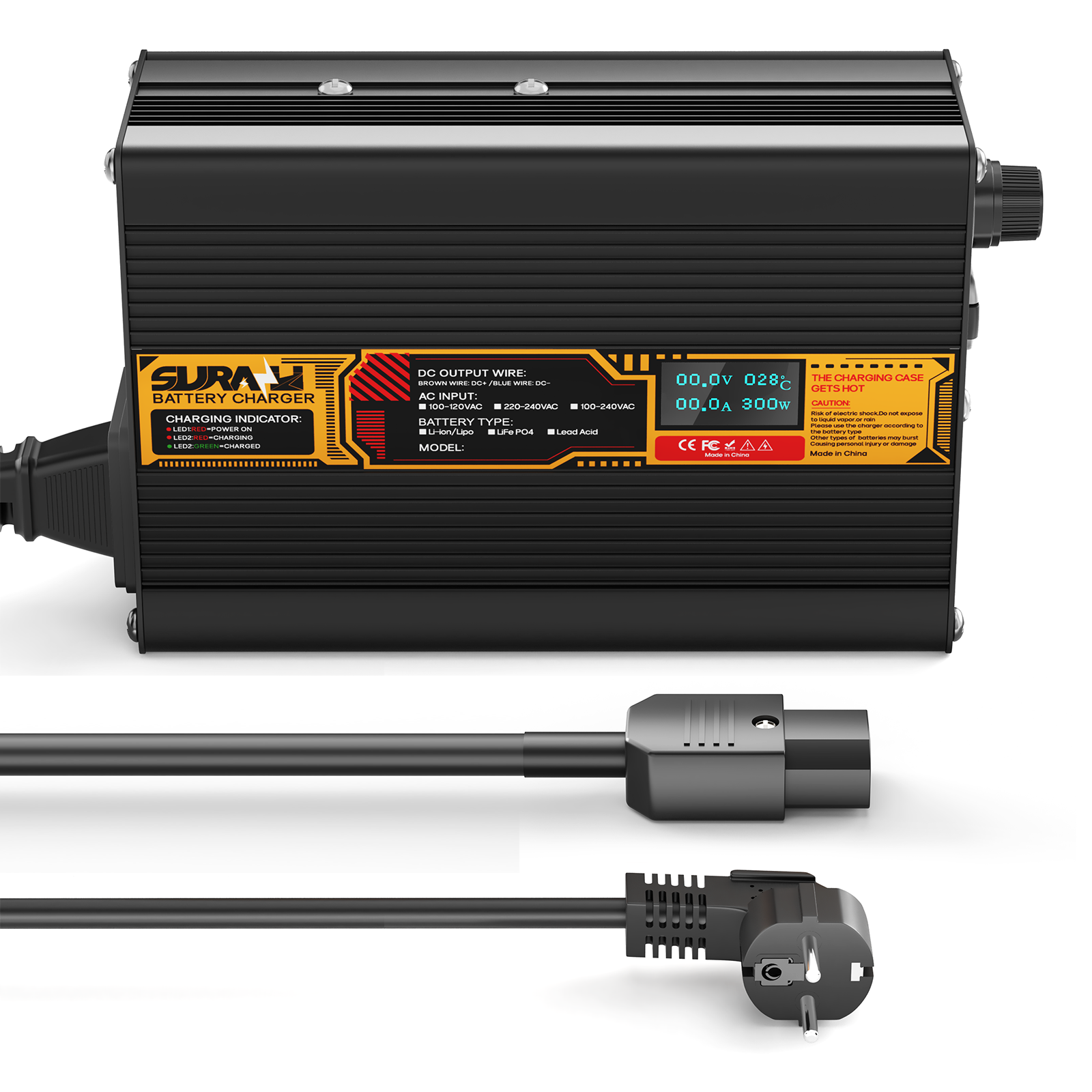 Suraziki LiFePO4 29.2V 8A Battery Charger for 24V/25.6V Lithium Iron Phosphate Batteries, LED Display, Full Protection