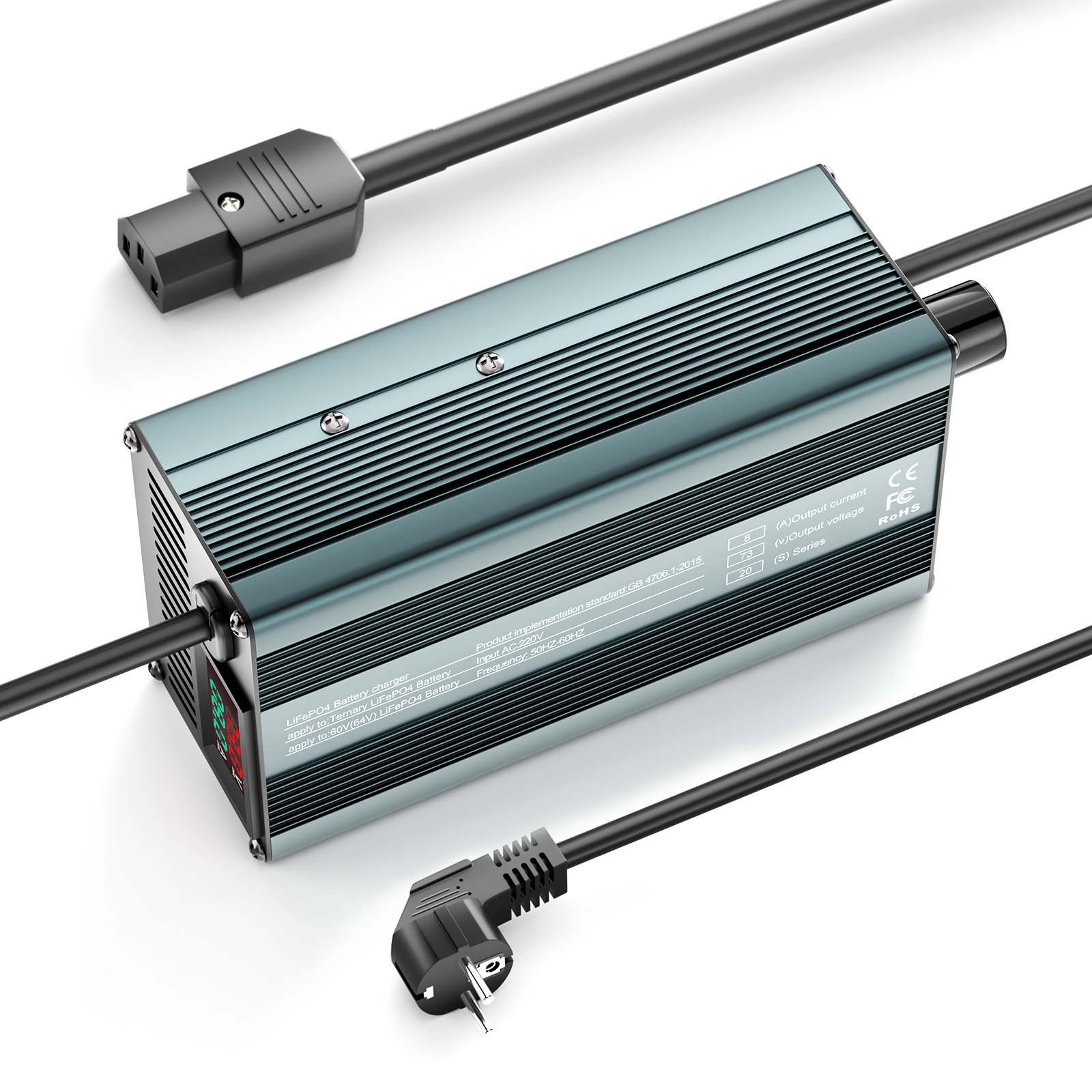 Suraziki 73 V 1–8 A stromverstellbares Lithium-LiFePO4-Batterieladegerät für 64 V (60 V) LiFePO4-Batterie, Golfwagen-Trolling-Motor, Wohnmobil-Boot-Batterieladegerät