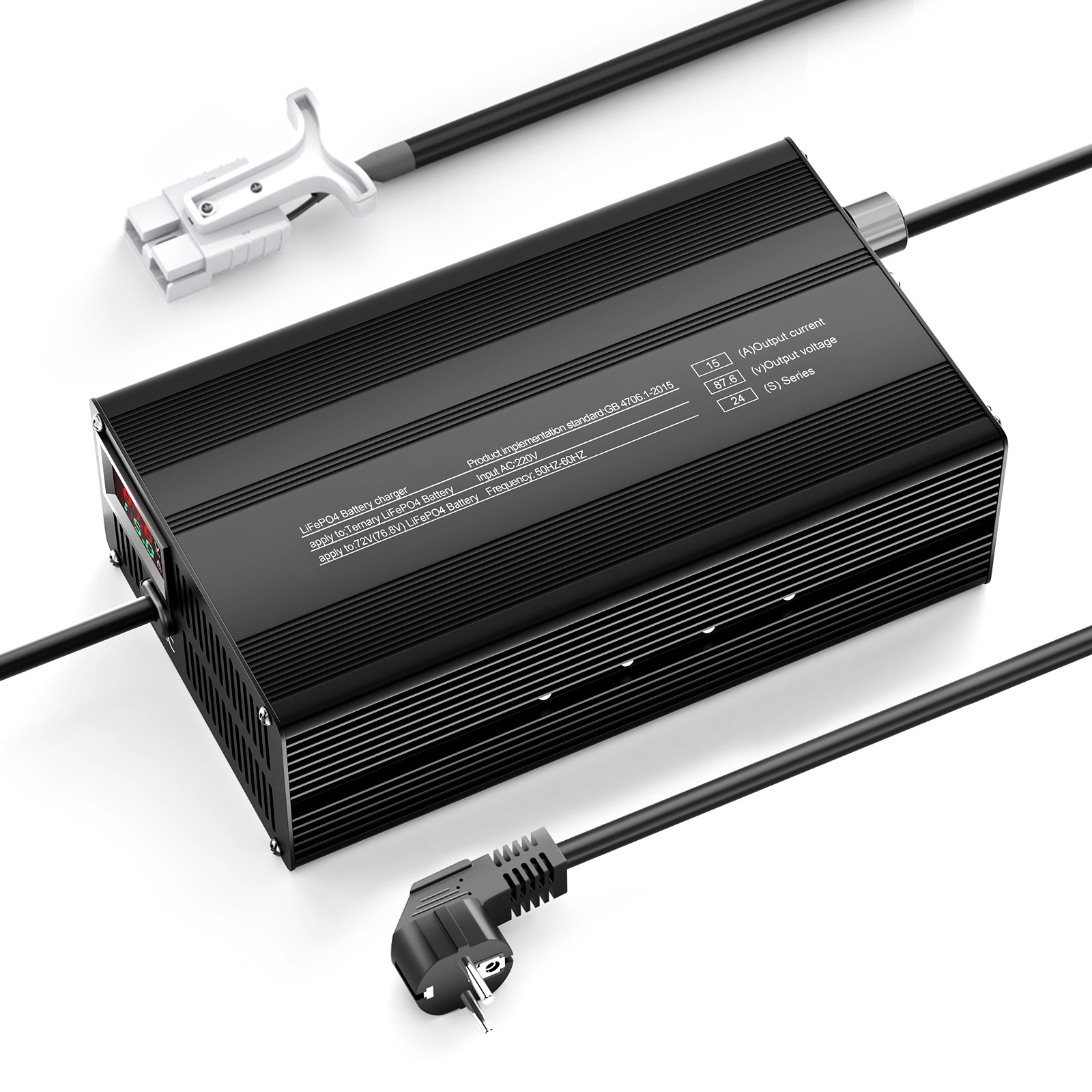 Suraziki 87.6V 1-15A Adjustable Current Lithium LiFePO4 Battery Charger for 24S 76.8V (72V) LiFePO4 Battery, Cooling Fan, Aluminum Alloy Case, LCD Display