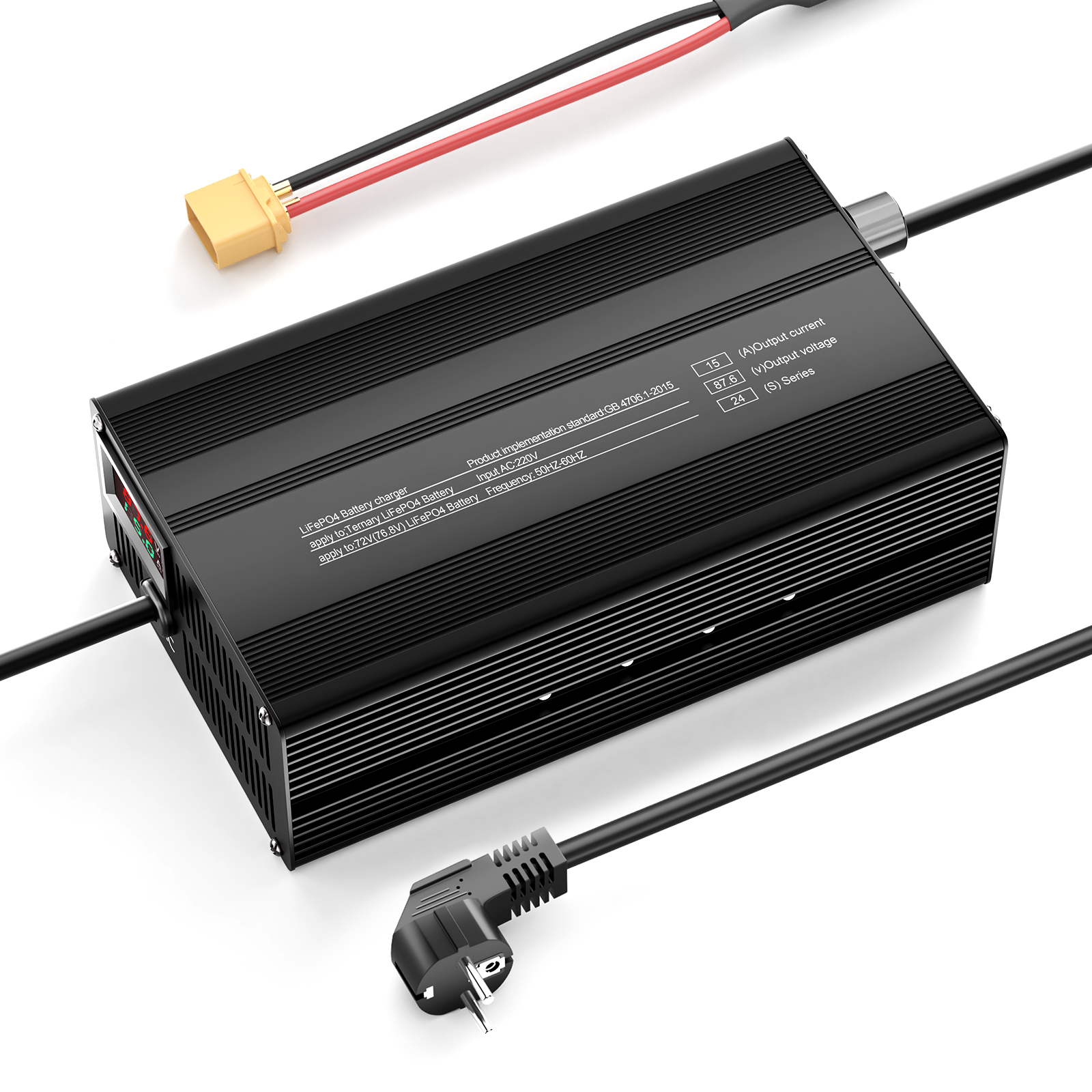 Suraziki 87.6V 1-15A Adjustable Current Lithium LiFePO4 Battery Charger for 24S 76.8V (72V) LiFePO4 Battery, Cooling Fan, Aluminum Alloy Case, LCD Display