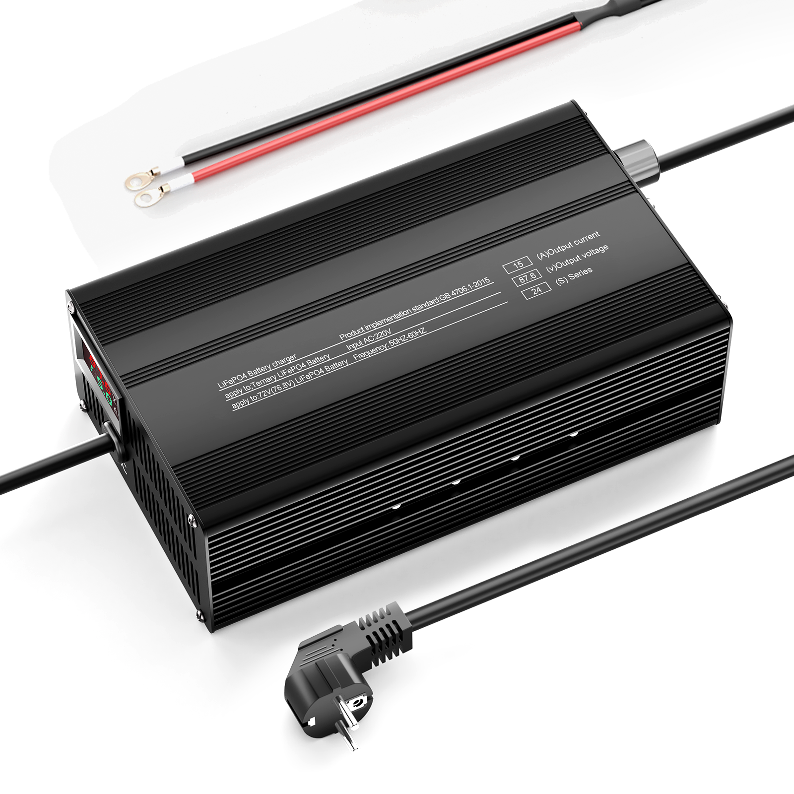 Suraziki 87.6V 1-15A Adjustable Current Lithium LiFePO4 Battery Charger for 24S 76.8V (72V) LiFePO4 Battery, Cooling Fan, Aluminum Alloy Case, LCD Display