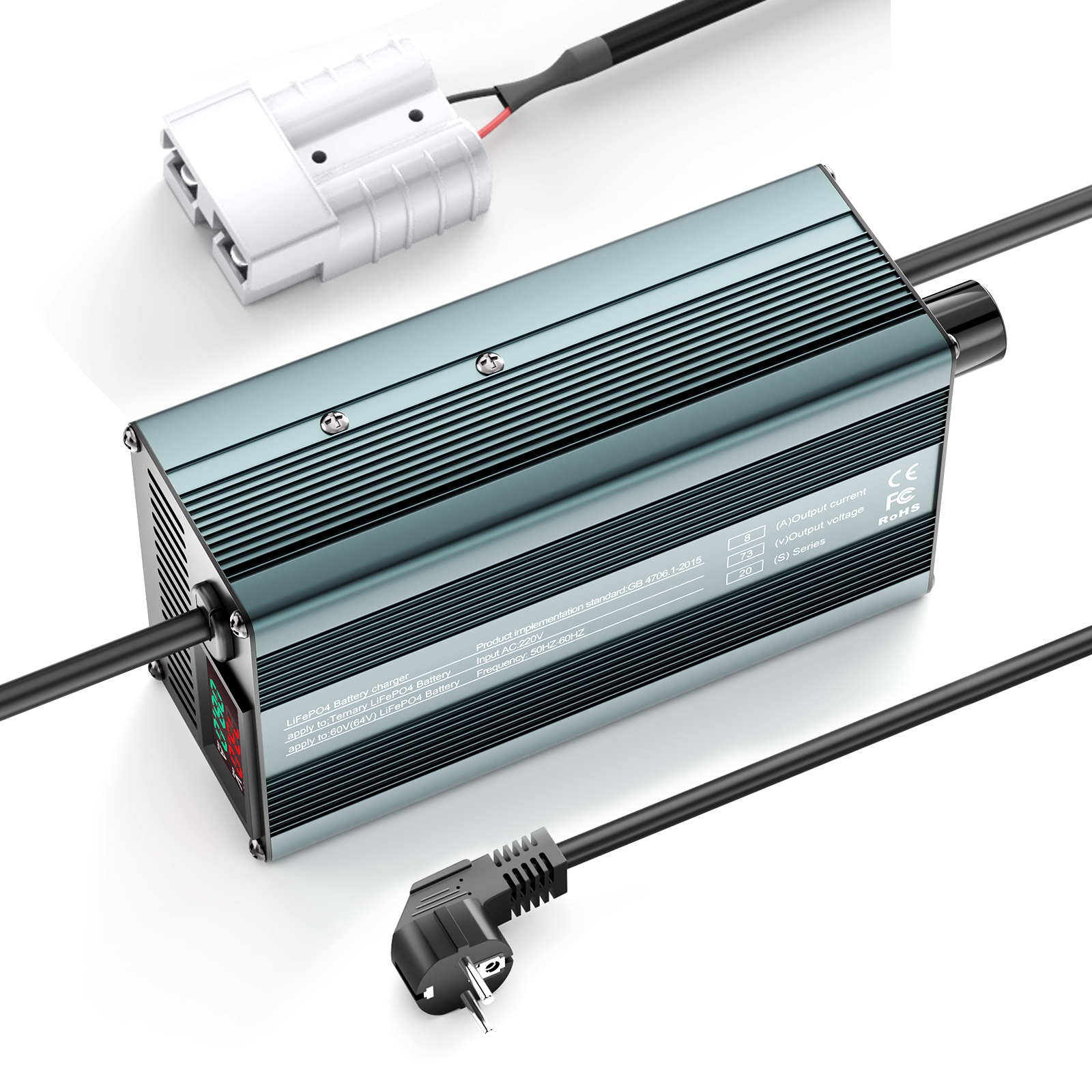 Suraziki 73 V 1–8 A stromverstellbares Lithium-LiFePO4-Batterieladegerät für 64 V (60 V) LiFePO4-Batterie, Golfwagen-Trolling-Motor, Wohnmobil-Boot-Batterieladegerät