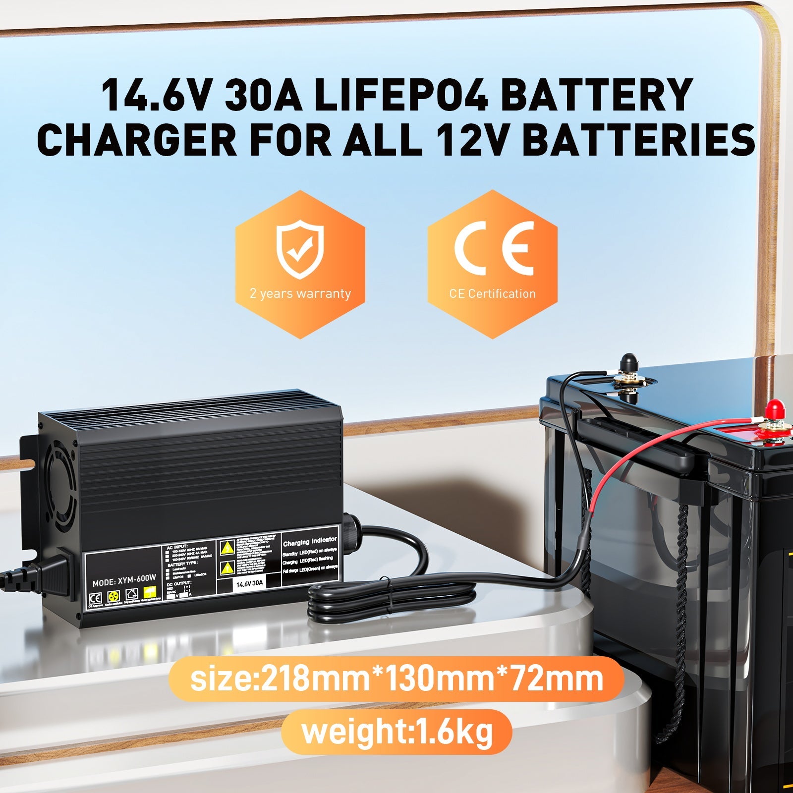 12V 30A LiFePO4 Battery Charger, Charging Voltage 14.6V , 0V BMS Activate, automatically cut off, with Anderson 50A Quick charging connector